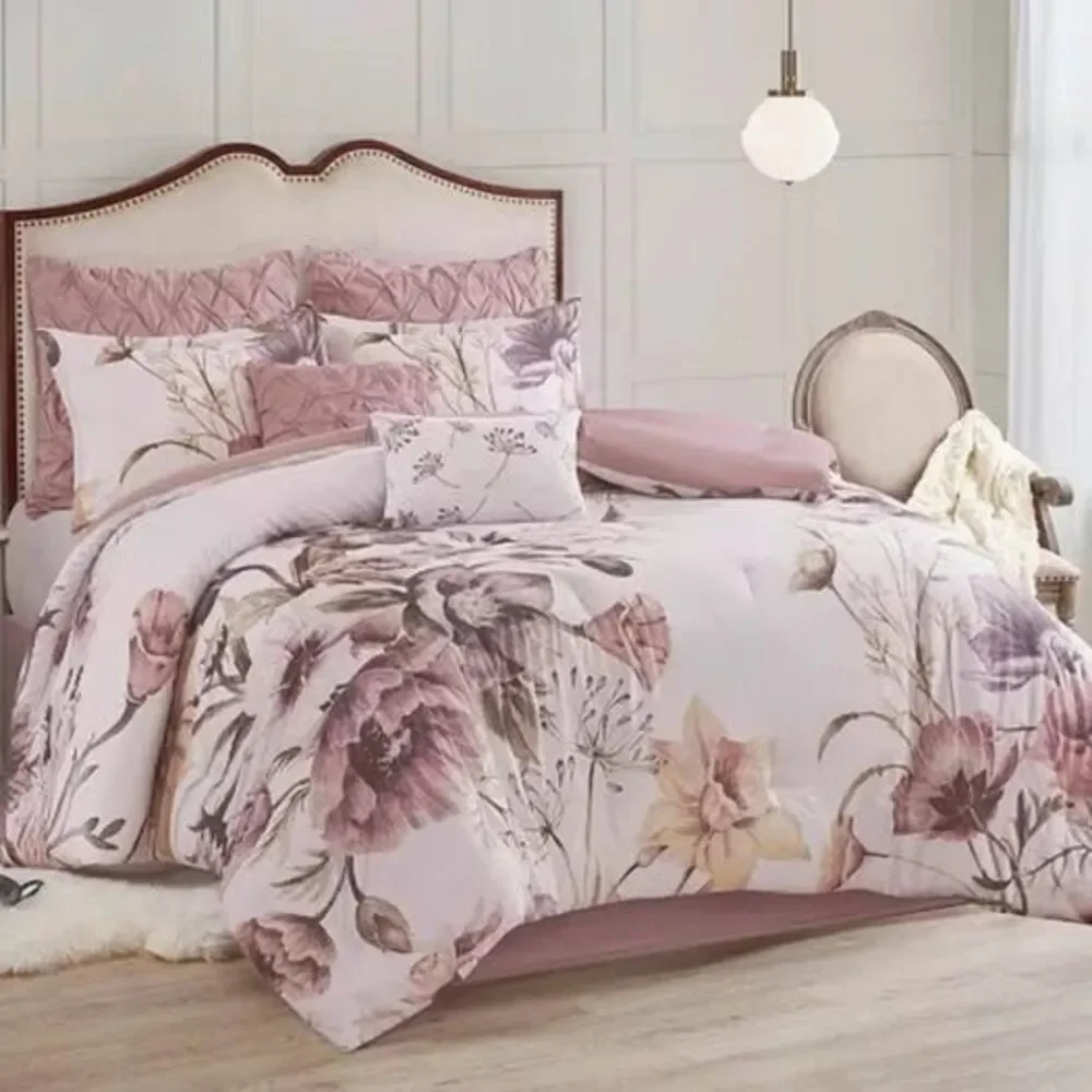 8 Pieces QUEEN Comforter Set Madison Park Pink White Floral NEW